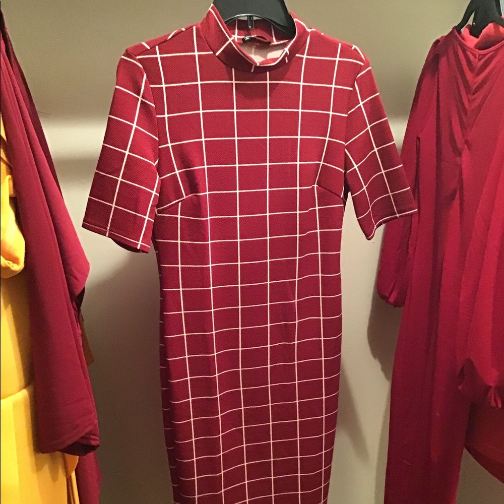 Mock Neck Grid Fitted Dress